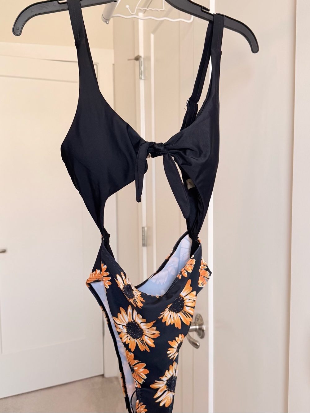 SHEIN Black One-Piece Swimsuit with Orange Sunflower Print